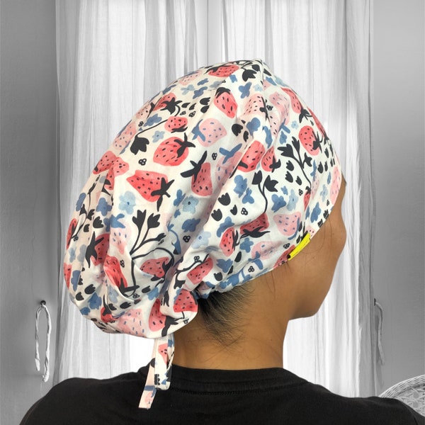 Vine STRAWBERRY scrub caps for woman, Strawberries Surgical cap, satin lined scrub caps, Ponytail scrub cap, fruit print nurse cap