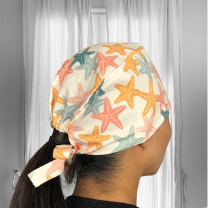 Bonnets de gommage étoiles de mer pour femmes, bonnets chirurgicaux pour femmes, casquette de gommage queue de cheval, cadeaux d'infirmière de l'USIN, bonnets de gommage d'été, technologie chirurgicale, nautique,