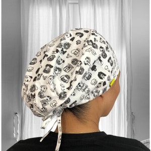 Black and White Dogs - Scrub caps for women. Vet tech Surgical caps, Veterinarian surgeon scrub hat, new grad nurse gifts, Surgical Tech,