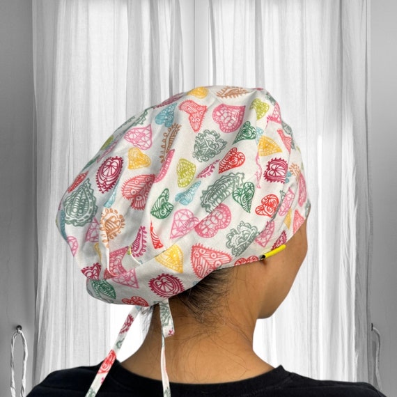 Mexican Fiesta Hearts Scrub Caps for Women, Satin Lined  display picture 1