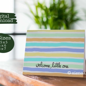 3 TAMAÑOS - Tarjeta de felicitación imprimible para nuevo bebé, descarga instantánea de nueva tarjeta de bebé, tarjeta de bebé de rayas pintadas