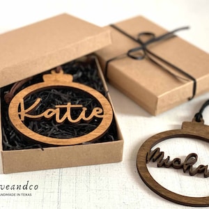 Personalized Laser Cut Christmas Ornament, Custom Name Wood and Leather Ornament, Keepsake Wood Holiday Ornament