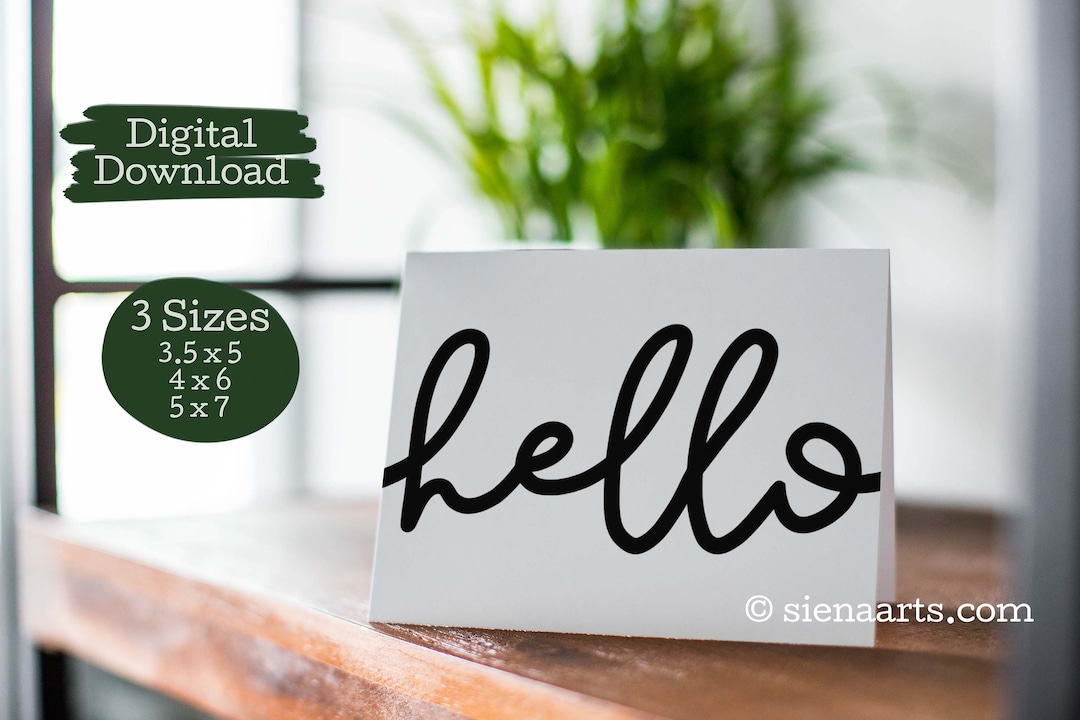 3 SIZES - Printable Black and White Hello Card, Instant Download Modern ...