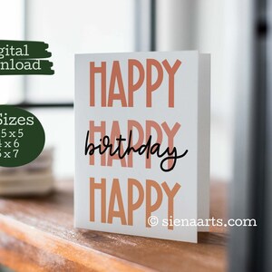 3 MATEN - Afdrukbare koraal Happy Birthday Card, Instant Download moderne verjaardagskaart, downloadbare verjaardagskaart