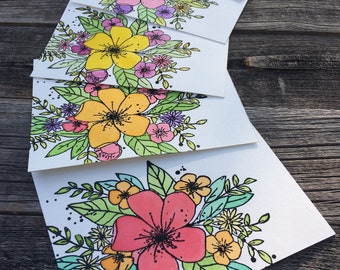 Set of 5 Watercolor Flower Cards, Assorted Colors
