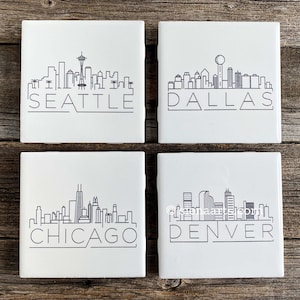 Mix and Match Set of 4 Engraved US City Skyline Tile Coasters, Black and White Minimalist Coasters, Modern Coaster Gift Set