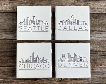 Mix and Match Set of 4 Engraved US City Skyline Tile Coasters, Black and White Minimalist Coasters, Modern Coaster Gift Set