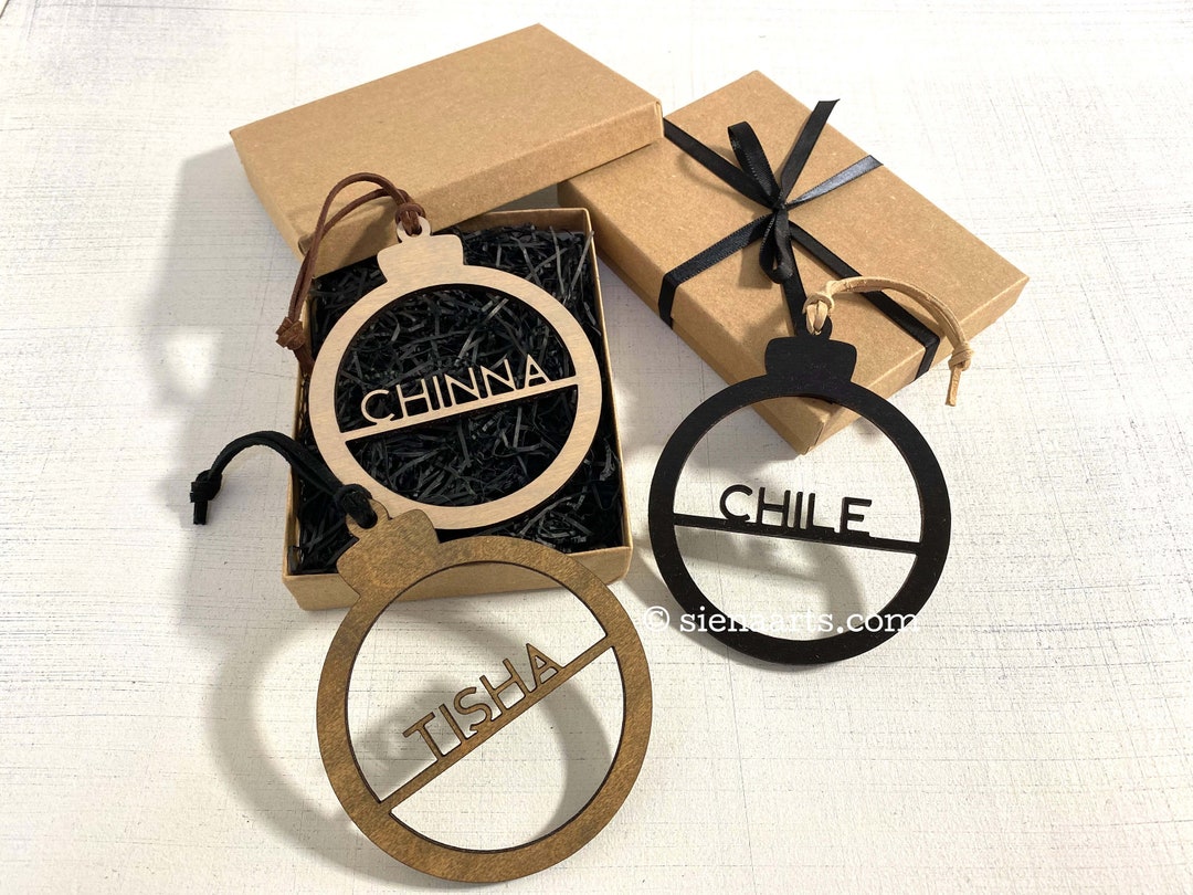 Custom Name Laser Cut Christmas Ornament, Personalized Wood and Leather ...