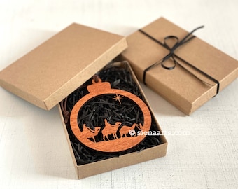 Three Wise Men Laser Cut Christmas Ornament, Wood and Leather Ornament, Keepsake Wood Holiday Ornament