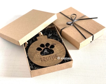 Personalized Laser Cut Wood and Leather Paw Print Ornament, Commemorative Pet Christmas Ornament, Keepsake Pet Ornament