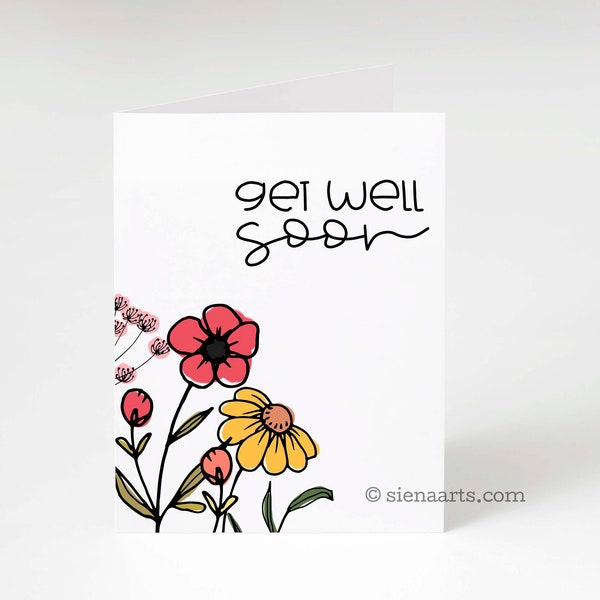 Line Drawing Flowers Get Well Soon Cards, Illustrated Flowers Get Well Soon Card Pack, Blank Modern Get Well Soon Cards