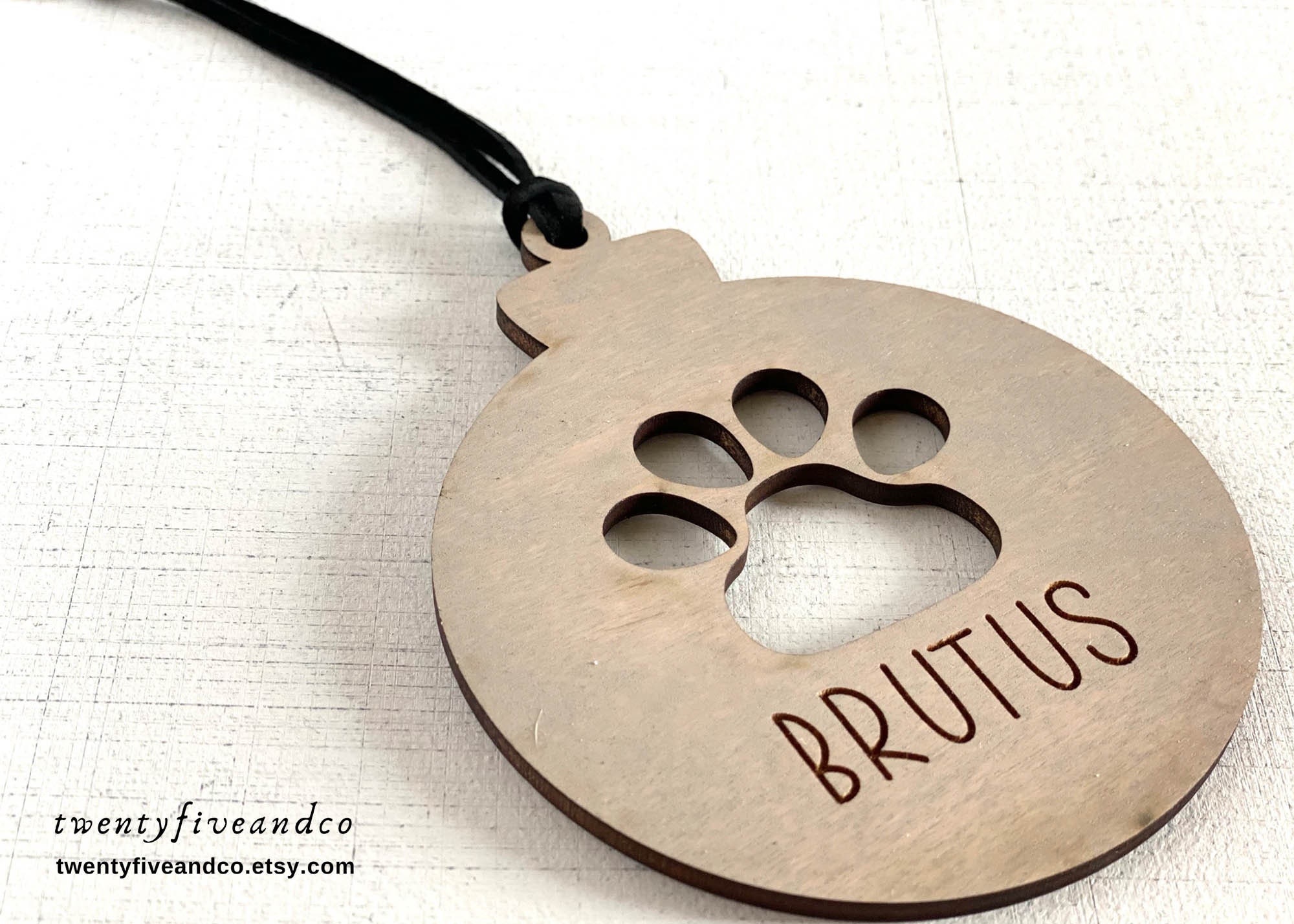 Personalized Laser Cut Wood And Leather Paw Print Ornament 