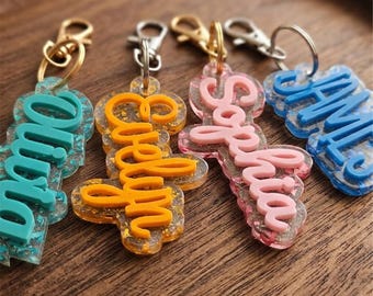 Glitter Name Keychain Personalized Gift, 3D Acrylic Name Plate Backpack Name Tag Christmas Gift