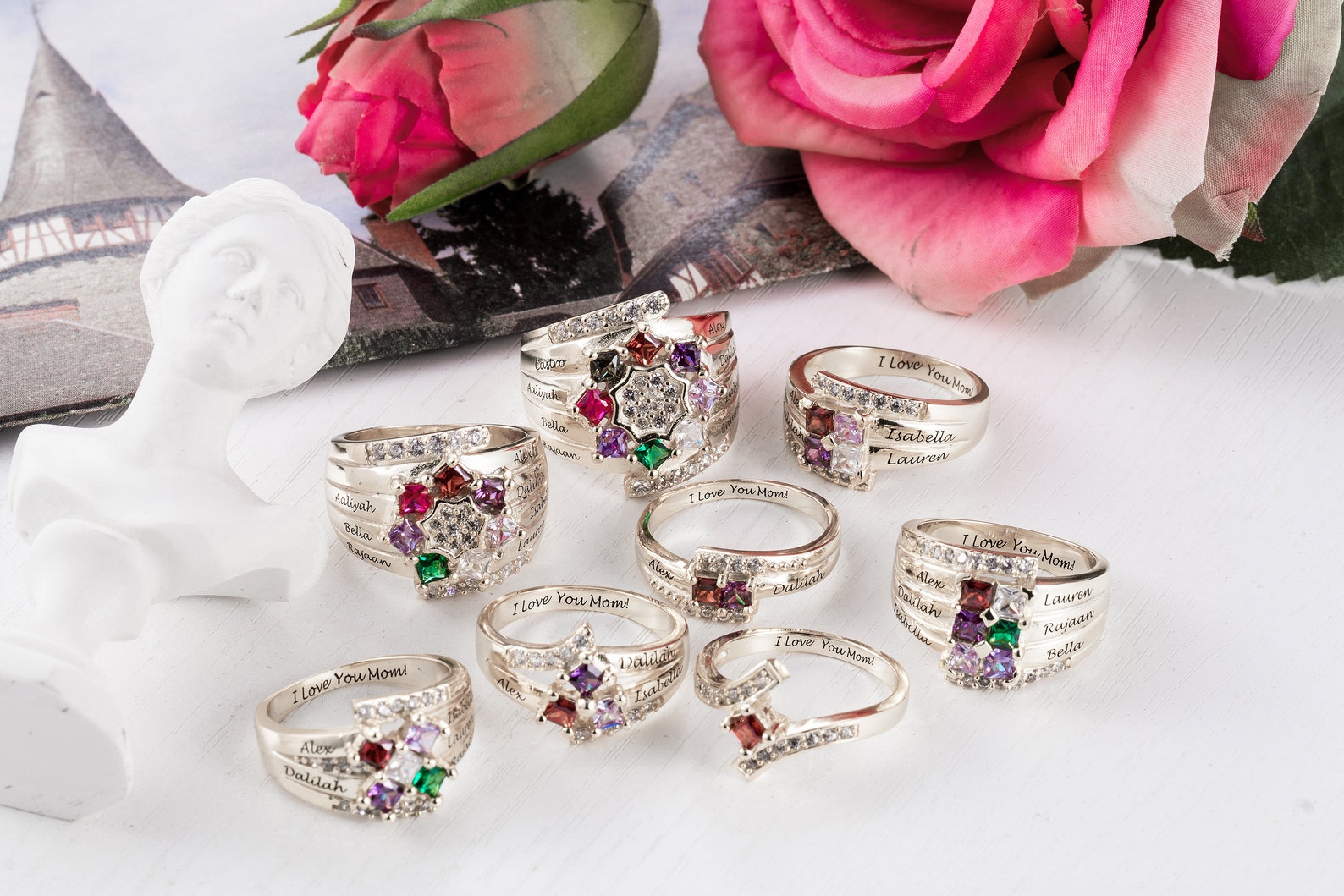 Birthstone Ring Personalized Birthstone Ring Engraved Ring | Etsy