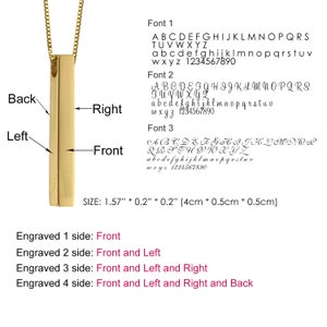 May include: Gold bar necklace with four sides for engraving. The necklace is 4cm long and 0.5cm wide. The bar can be engraved with a choice of three fonts.  Engraved 1 side: Front. Engraved 2 side: Front and Left. Engraved 3 side: Front and Left and Right. Engraved 4 side: Front and Left and Right and Back.