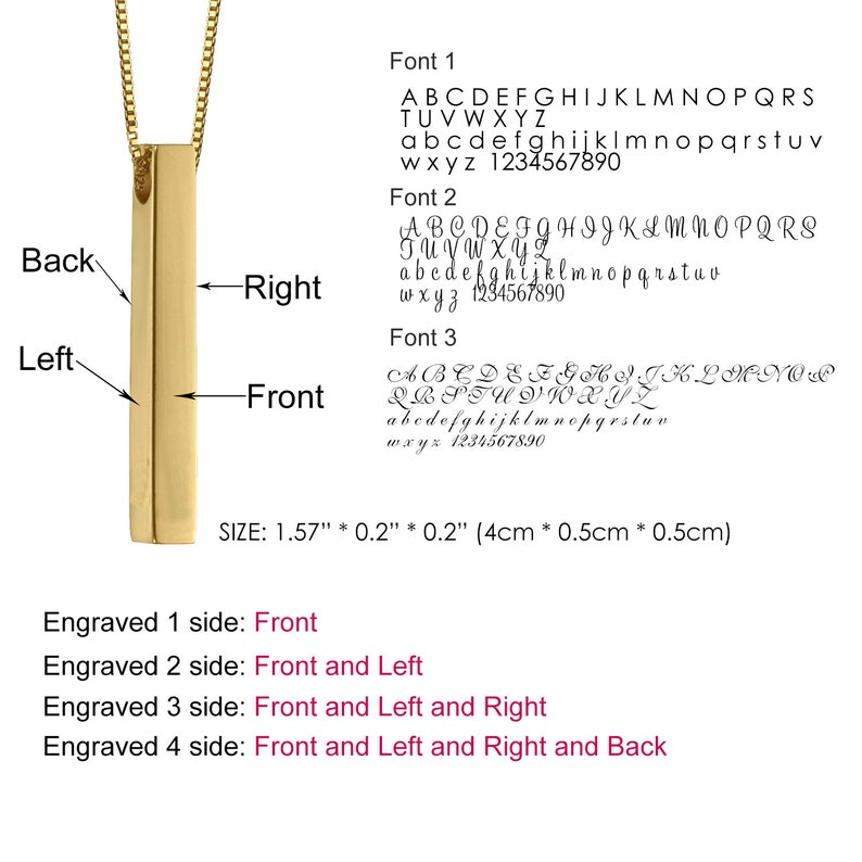 May include: Gold bar necklace with four sides for engraving. The necklace is 4cm long and 0.5cm wide. The bar can be engraved with a choice of three fonts.  Engraved 1 side: Front. Engraved 2 side: Front and Left. Engraved 3 side: Front and Left and Right. Engraved 4 side: Front and Left and Right and Back.