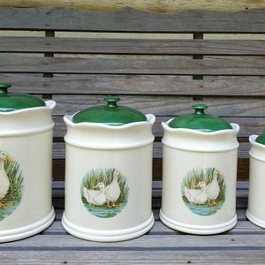 FREE SHIP/Large Vintage Canister Set/Cream/White/Green/Cottage/Rustic/Ducks/Kitchen/Decorations/Farmhouse/Cannisters/Storage/Ceramic/Jars