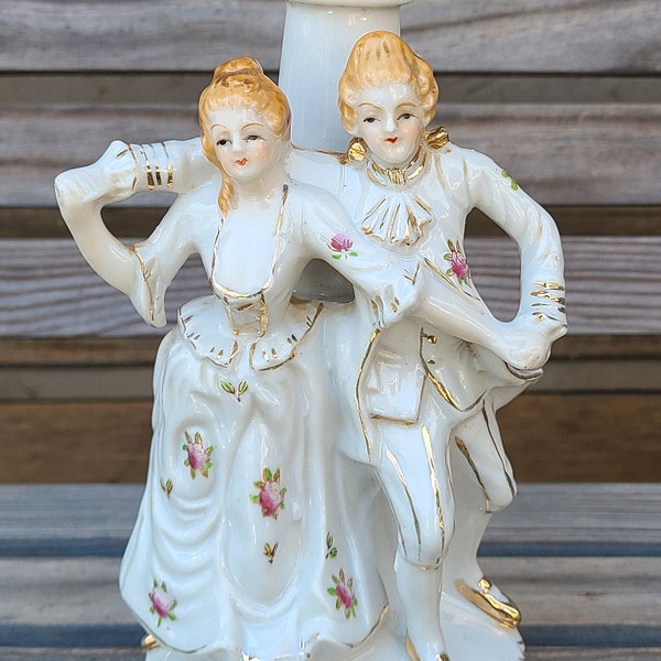 Vintage Porcelain Lamp/Colonial/Dancing/Couple/1950s/Mid Century/White/Ceramic/NY Pioneer MSDE Co/Made in Japan/Table Lamps/Electric/11''