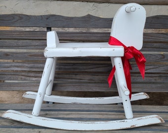 Vintage Ride On Wooden Rocking Horse/Rocking Horses/White/Wood/Vintage/Old Fashioned/Decorations/Decor/Large/Christmas/Rustic/Winter/Toys