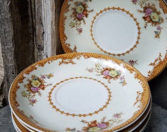 1940s/1950s Sone China Saucers/Made in Occupied Japan/Small Plates/WWII era/Mid Century/White/Cream/Gold Trim/Floral/Dishes/Kitchen Decor