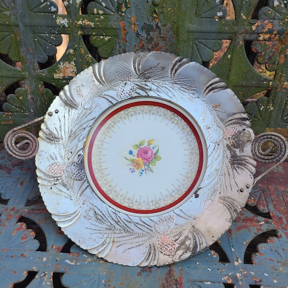 1950's Serving Tray -- Aluminum/Metal/Floral/Ceramic/Plate/Mid Century/Garden City Pottery/Kitchen/ Decorations/Decor/china/sideboard/silver