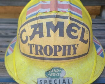 Vintage Hard Hat/Helmet- Yellow, Camel Trophy, Land Rover, British Union Jack, Cigarette, Stickers- Jackson Products Inc USA- Collectibles