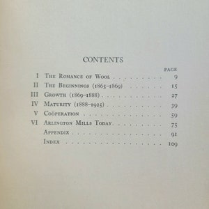 May include: A black and white book with the title "CONTENTS" printed in bold at the top of the page. The book lists the chapters and page numbers for a book about the history of Arlington Mills.