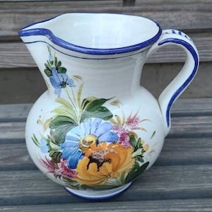 Floral Italian Vase/Pitcher/White Blue Trim/Small/Ceramic/Flowers/Vintage/Pitchers/Flower Vase/Ceramics/White Vases/Bassano Made in Italy