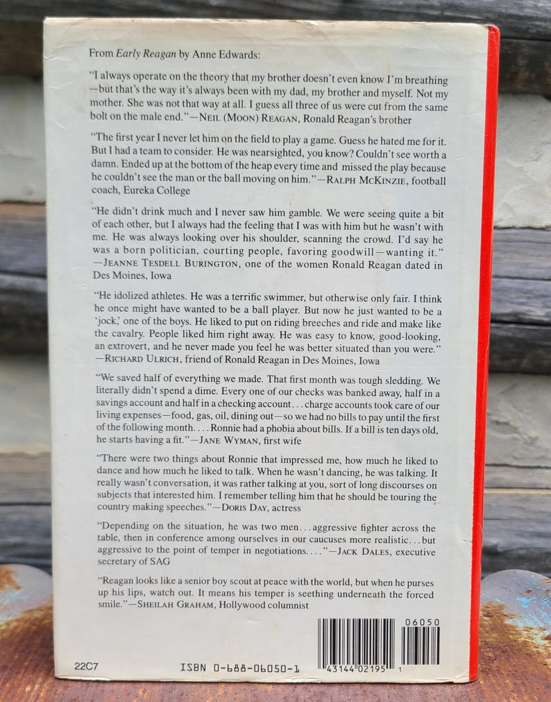 May include: A book cover with a red spine and white text. The title is "From Early Reagan" by Anne Edwards. The back cover features quotes about Ronald Reagan. ISBN 0-688-06050-1 is visible.