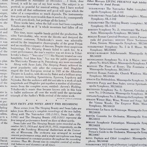 May include: A black and white photo of a conductor leading an orchestra. The text "CONDUCTING THE Minneapolis Symphony Orchestra" is at the top of the page. The text "HI-FI FACTS AND NOTES ABOUT THIS RECORDING" is at the bottom of the page. The text describes the recording process for the Minneapolis Symphony Orchestra's recordings of "The Sleeping Beauty" and "Swan Lake".