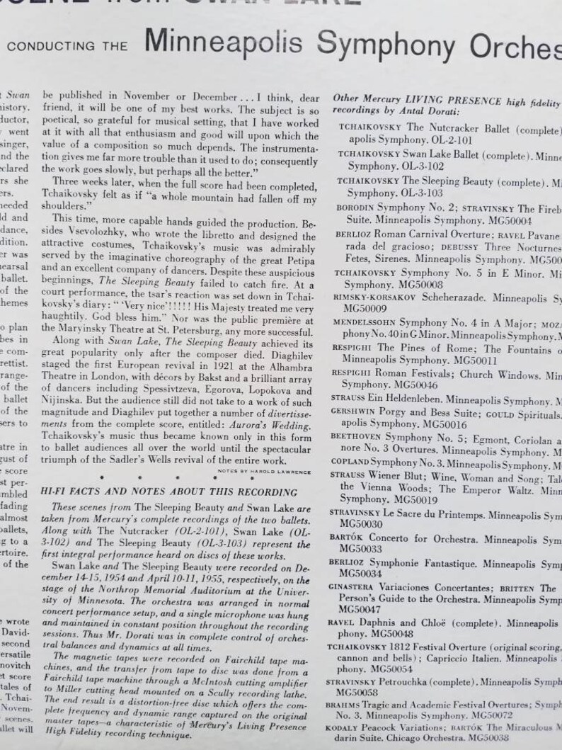 May include: A black and white photo of a conductor leading an orchestra. The text "CONDUCTING THE Minneapolis Symphony Orchestra" is at the top of the page. The text "HI-FI FACTS AND NOTES ABOUT THIS RECORDING" is at the bottom of the page. The text describes the recording process for the Minneapolis Symphony Orchestra's recordings of "The Sleeping Beauty" and "Swan Lake".