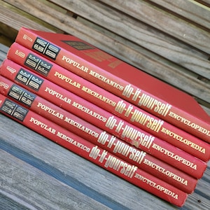 Popular Mechanics Books/Collection/Do It Yourself Encyclopedia/Book Set/Illustrated/DIY/Red/Gold/1960s/1970s/Home Improvement/Lot/Bookshelf image 2