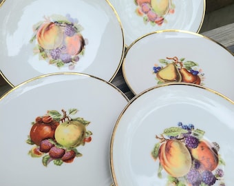 Continental Fruit, Lipper & Man, Saucers, Vintage -- White/Gold Trim/Floral/China/Small Plates/Apple/Pear/Peach/Replacements/Kitchen/Decor