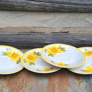 4 Saucers White Yellow Flowers/Mikasa/Cera Stone/Japan/Plates/Small/Flora D1379/Dishes/Vintage/Yellow Trim/Spring/Floral/6 1/4&#39;&#39;/Decorations