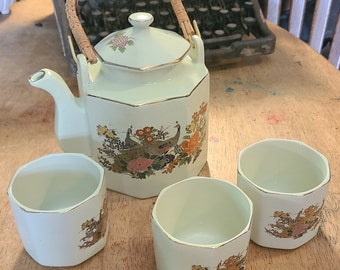 Tea Set, Teapot & tea cups -- Mint Green/Gold/Peacock/Floral/Flowers/Bird/Japan/Paneled Sides/Kitchen/Dining Room/tea party/sets/vintage