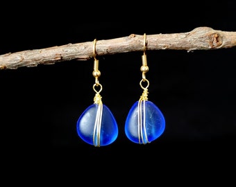 Handmade Wire Wrapped Caribbean Ocean Blue Glass Bead Earrings