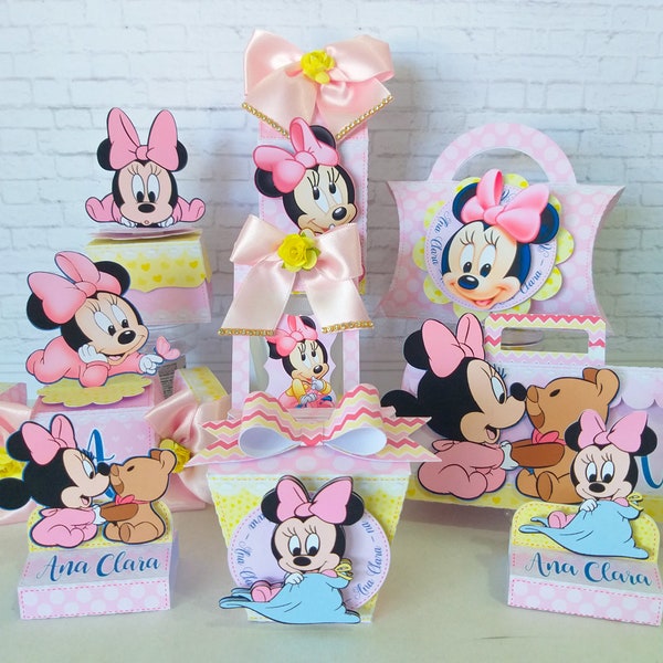 Baby Minnie Mouse Party Favors Boxes Personalized, 1st Birthday Girl Decoration, Pink Baby Shower, Party Supplies, Tags, Cupcake, Printable