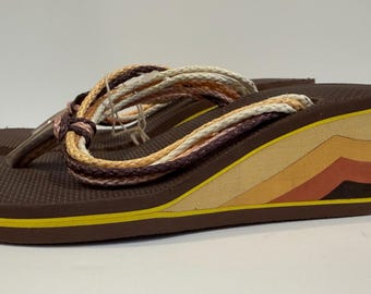 70s Vintage Deadstock Flip Flop Wedge Thongs Sandals Groovy Stripes Size 5