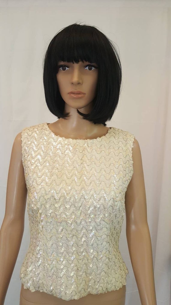 Vintage 60s MOD Off White Sequins and Metallic Sil