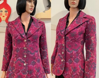 Amazing Vintage PATTY WOODARD 60s 70s Mod Flower Power Tapestry Jacket with Silver Tone Buttons Sz. 5-6 Rayon