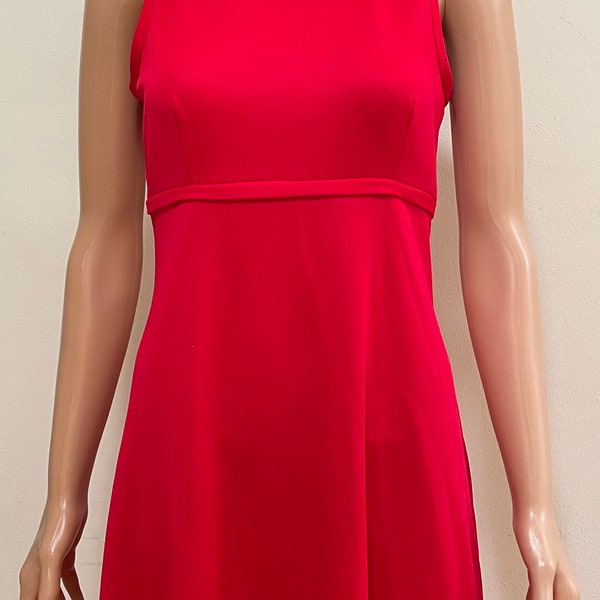 Vintage 70s Mod PARADE New York Red Polyester Sleeveless Dress Made in USA Back Bow and Cut Out Cutout