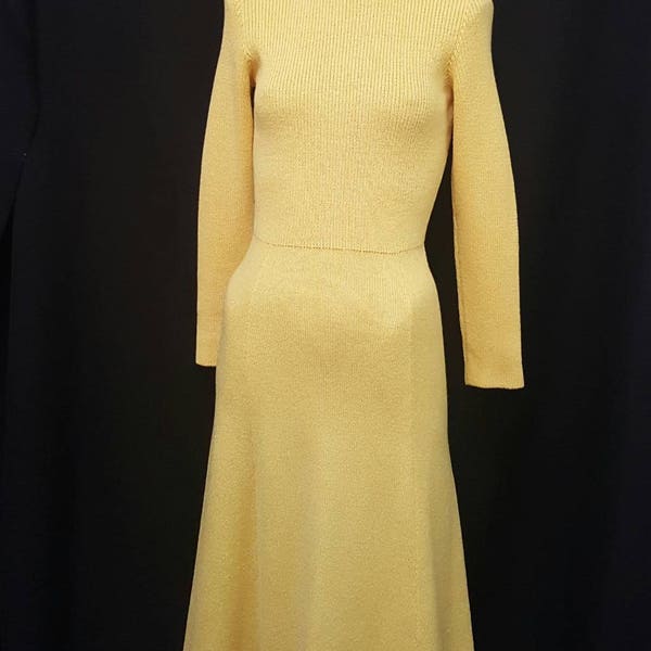 Vintage 60s 70s EXEMPLAR KNITS Yellow Ribbed Stretchy Knit Long Sleeve Dress S-M Like St. John