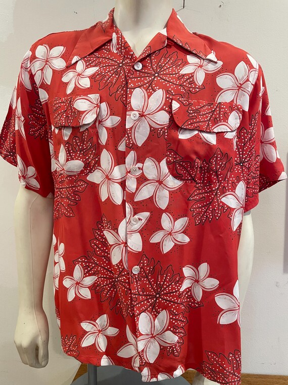 40s Vintage Rayon Hawaiian Shirt, Salmon Hibiscus Floral 40s Vintage Rayon Hawaiian Shirt, Salmon Hibiscus Floral