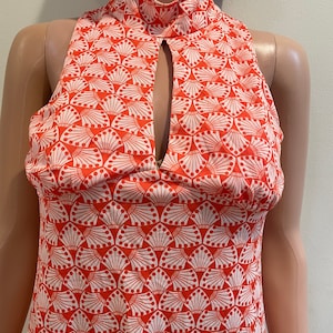 Vintage Late 60s CORKY CRAIG of CALIFORNIA Mod Orange and White Op Art Print Sleeveless Poly Nylon High Neck Shirt Groovy with Keyhole Top image 4