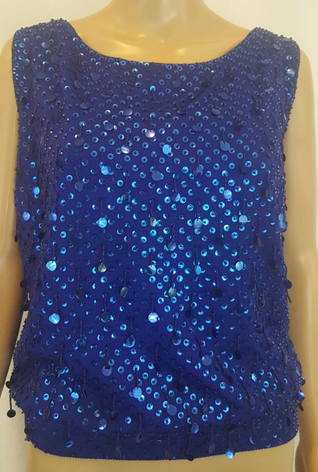 60s Vintage Beaded Sequin Sweater Cobalt Electric Blue Wool Knit