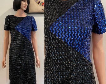 Vintage 70s 80s NORMAN BERG for Denise Fashions 54 Era Disco Black with Electric Blue Metallic Sexy Zig Zag Sequins Party Dress