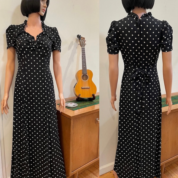 Vintage 70s Black with White Polka Dots Print Puffy Sleeve and Ruffle Trim Maxi Dress 40s Style Polka Dot * 70s Does 40s *