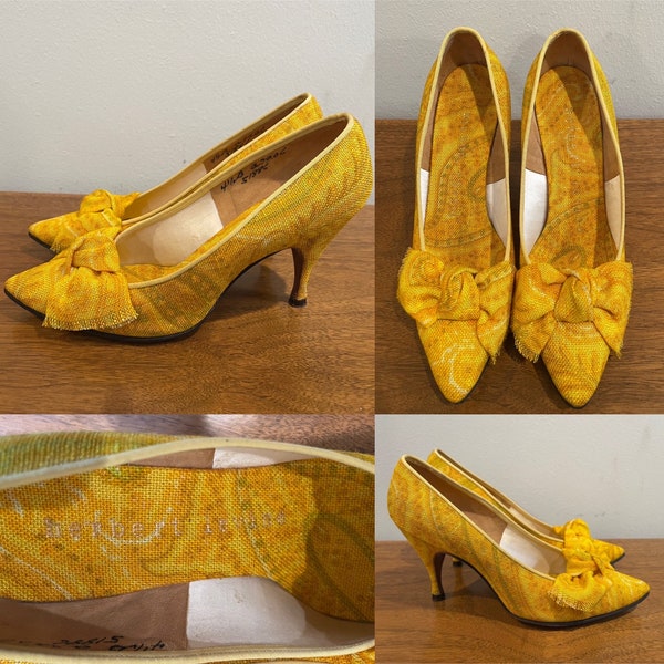 Vintage 60s Mod HERBERT LEVINE Gold Orange Green Paisley Floral Print Fabric Pumps Heels Shoes Size 4-1/2 B