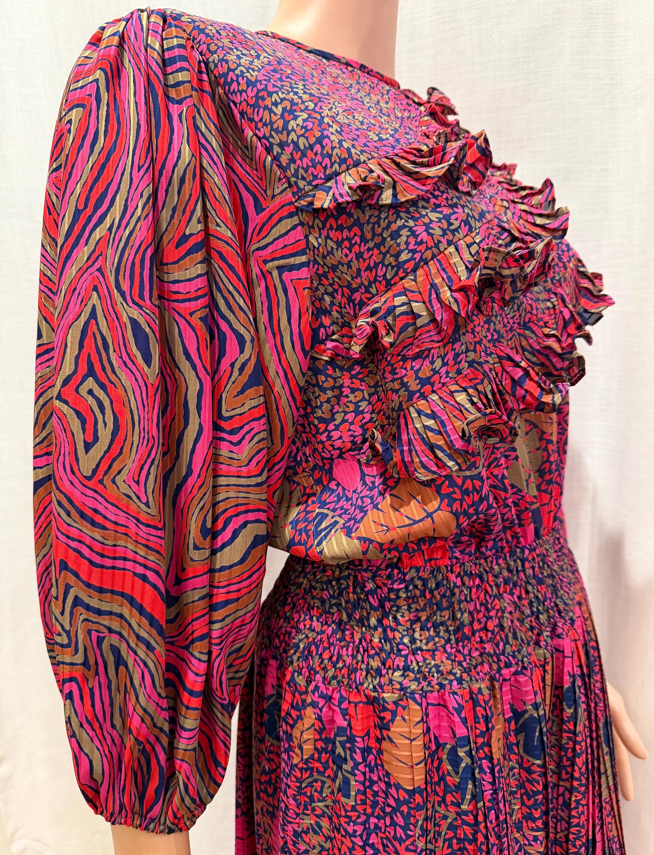 80s Ruffles 80s Vintage DIANE FREIS Original Georgette Vibrant Leaves Swirls Print ...