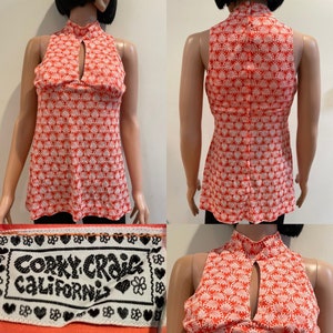Vintage Late 60s CORKY CRAIG of CALIFORNIA Mod Orange and White Op Art Print Sleeveless Poly Nylon High Neck Shirt Groovy with Keyhole Top image 1